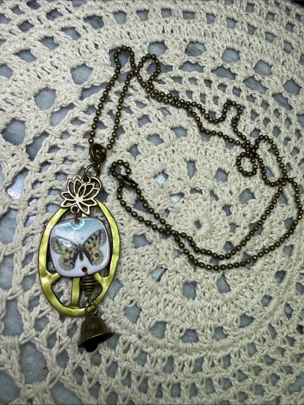Vintage-Inspired Brass Butterfly Pendant 26” Necklace - Multicolor